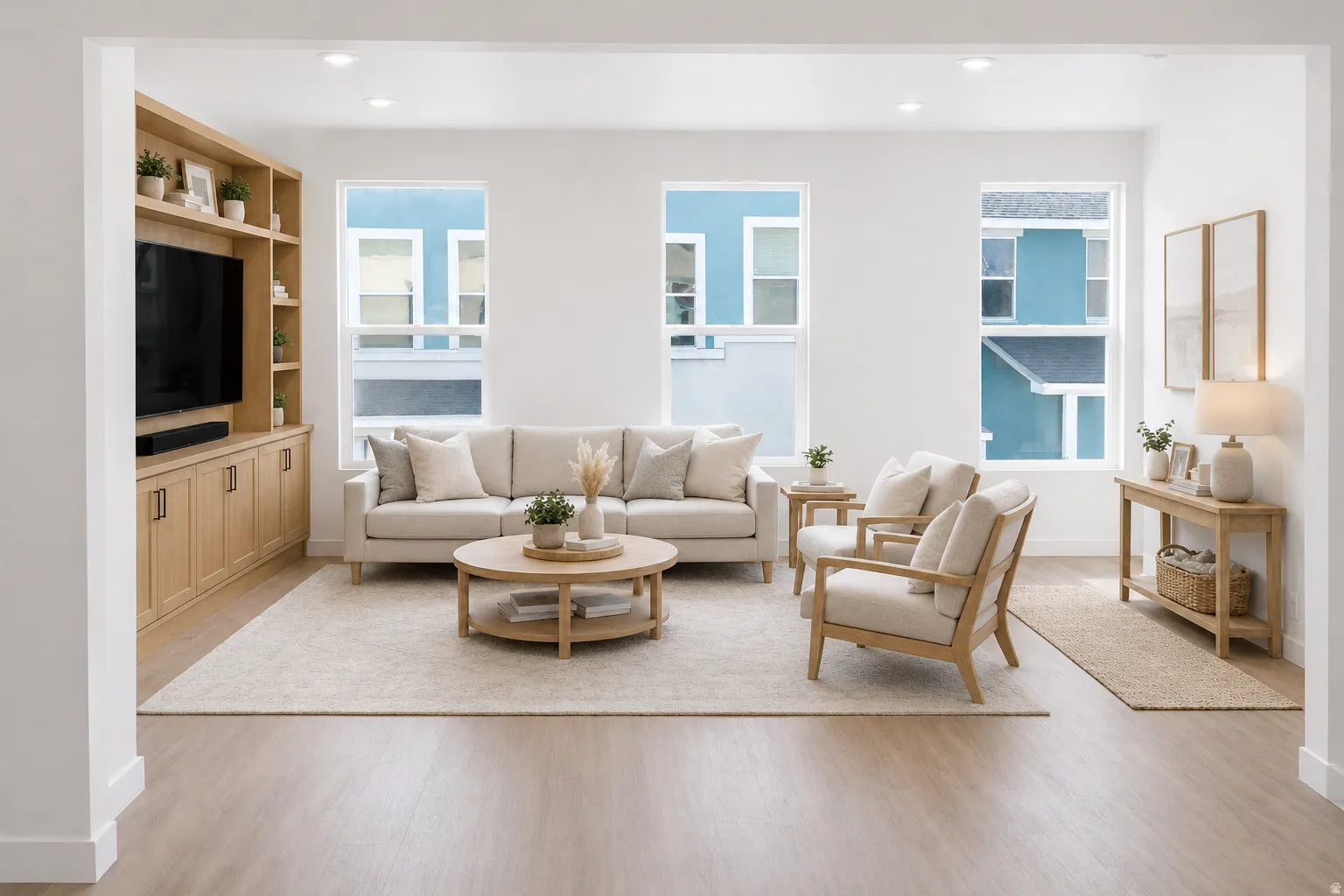 Bright living area featuring light wood-finish flooring and multiple recessed ceiling lights