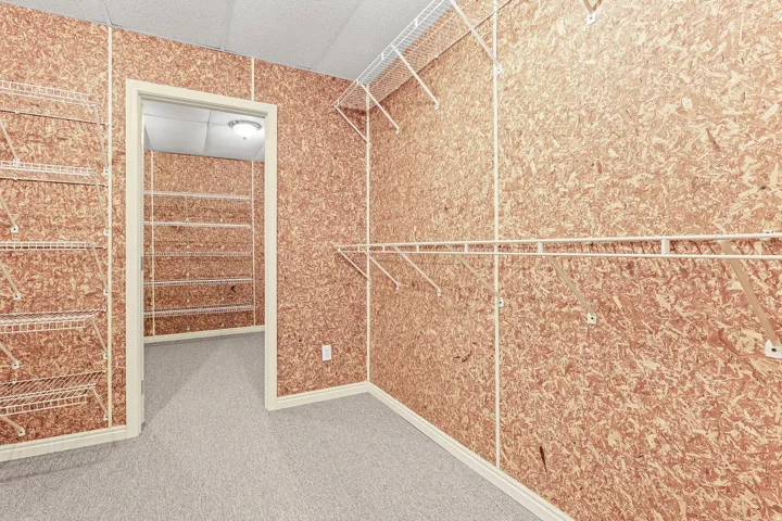 Spacious closet featuring abundant wire shelving, organized hanging rods, light-colored carpeting, and a textured wall finish