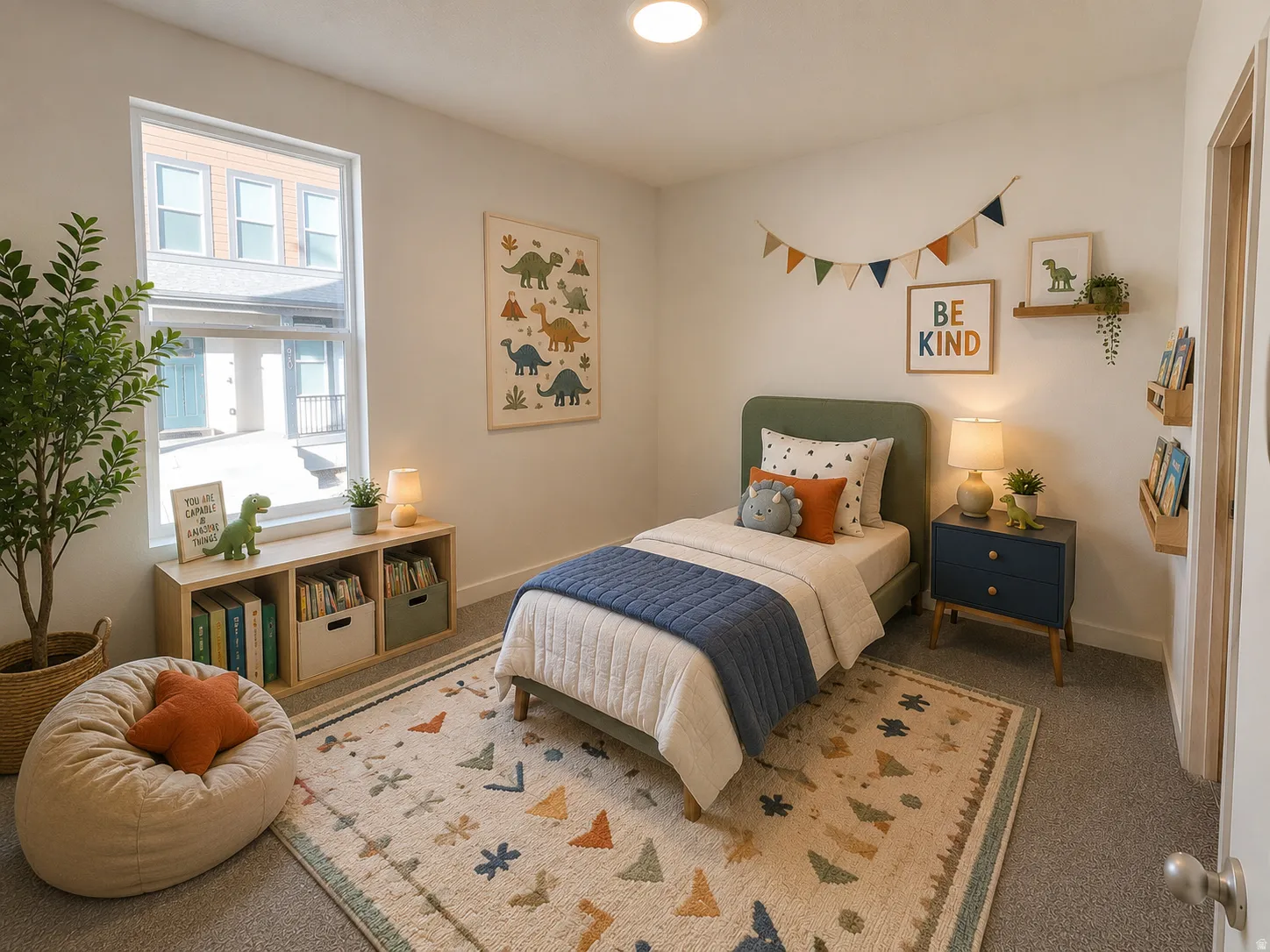 Carpeted room featuring a double-hung window, built-in window bench with storage, flush-mount ceiling light, and a white interior door