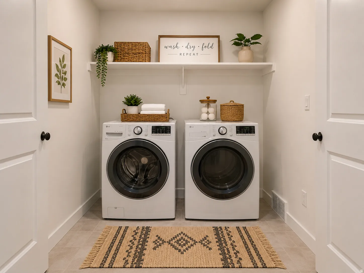 Dedicated laundry room featuring light-toned tile flooring, white walls, and a built-in shelf for storage