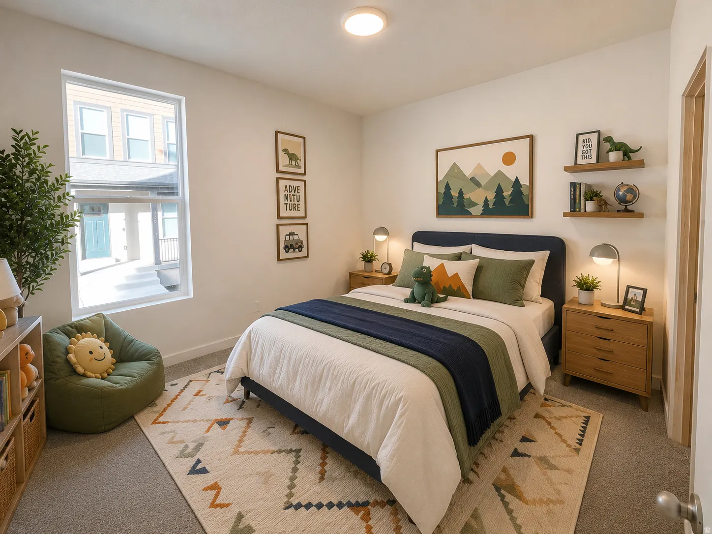 Carpeted bedroom featuring a large window, recessed ceiling light, and a solid core door