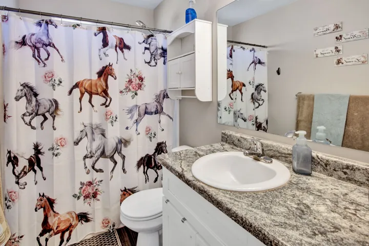 Bathroom featuring a single vanity with a patterned countertop, an undermount sink, and a wall-mounted mirror
