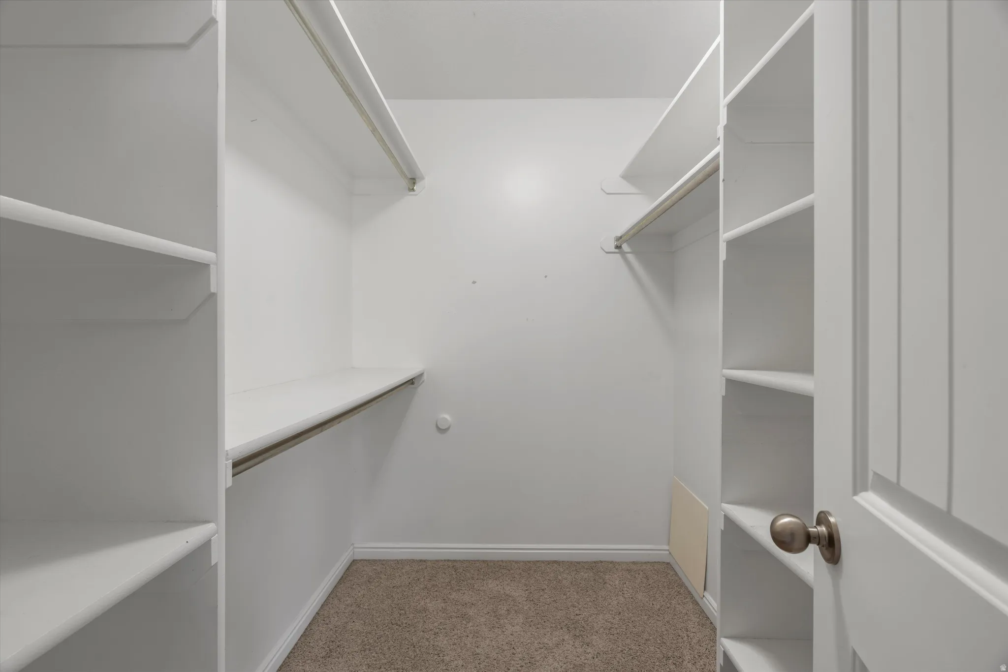 Walk-in closet featuring extensive built-in shelving, multiple hanging rods, neutral wall color, and carpet flooring