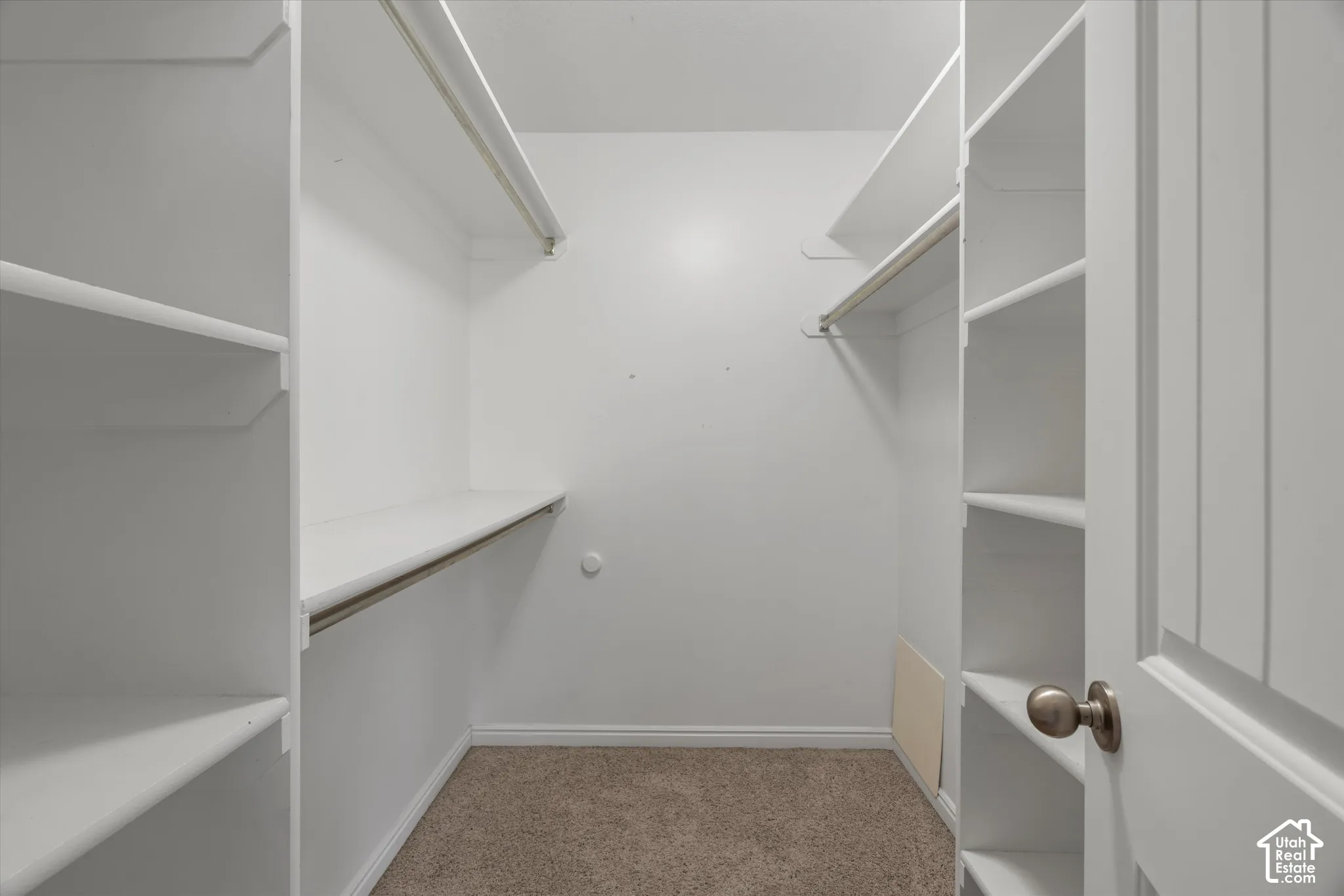 Walk-in closet featuring extensive built-in shelving, multiple hanging rods, neutral wall color, and carpet flooring