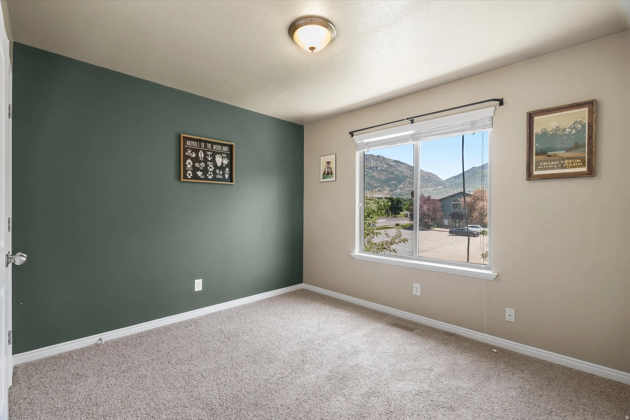 Carpeted room featuring a large window, neutral wall tones, a distinctive accent wall, white baseboards, and a flush-mount ceiling light fixture