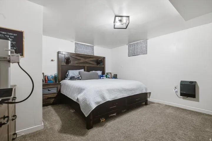 Carpeted room featuring white walls, a single flush-mount ceiling light fixture, and two high-set windows with coverings