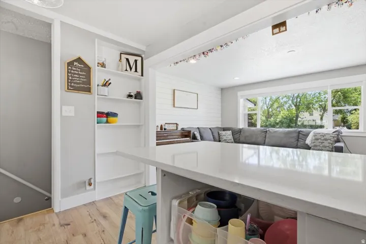 Open-concept living space featuring a substantial white countertop island with integrated storage, wood-finish flooring, and built-in shelving