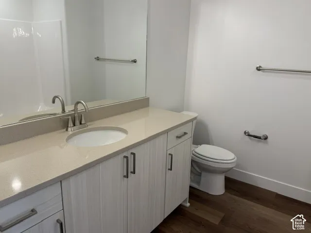 Vanity with integrated sink and brushed nickel faucet, large mirror, toilet with adjacent grab bar, and wood-finish flooring