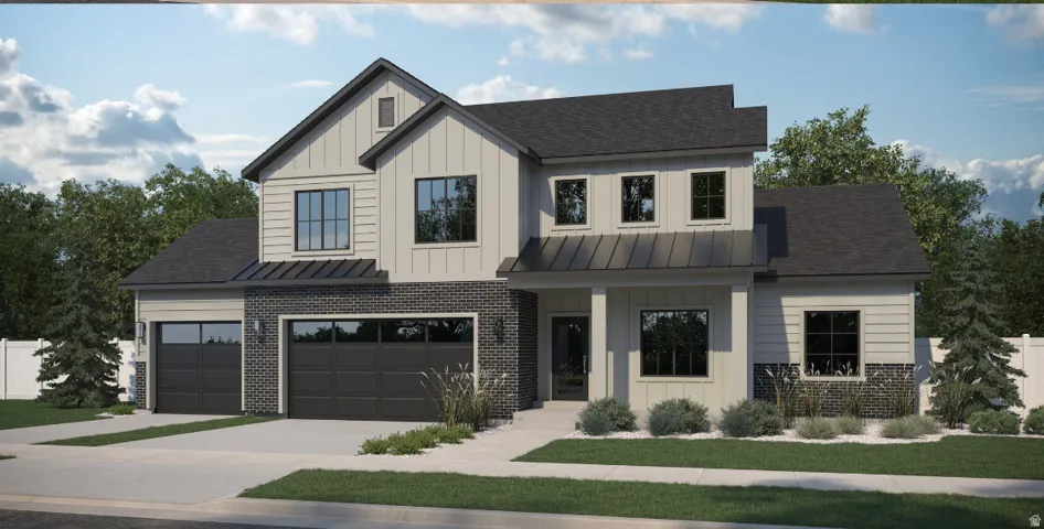 Contemporary two-story residence featuring a brick and siding exterior with a dark shingle roof