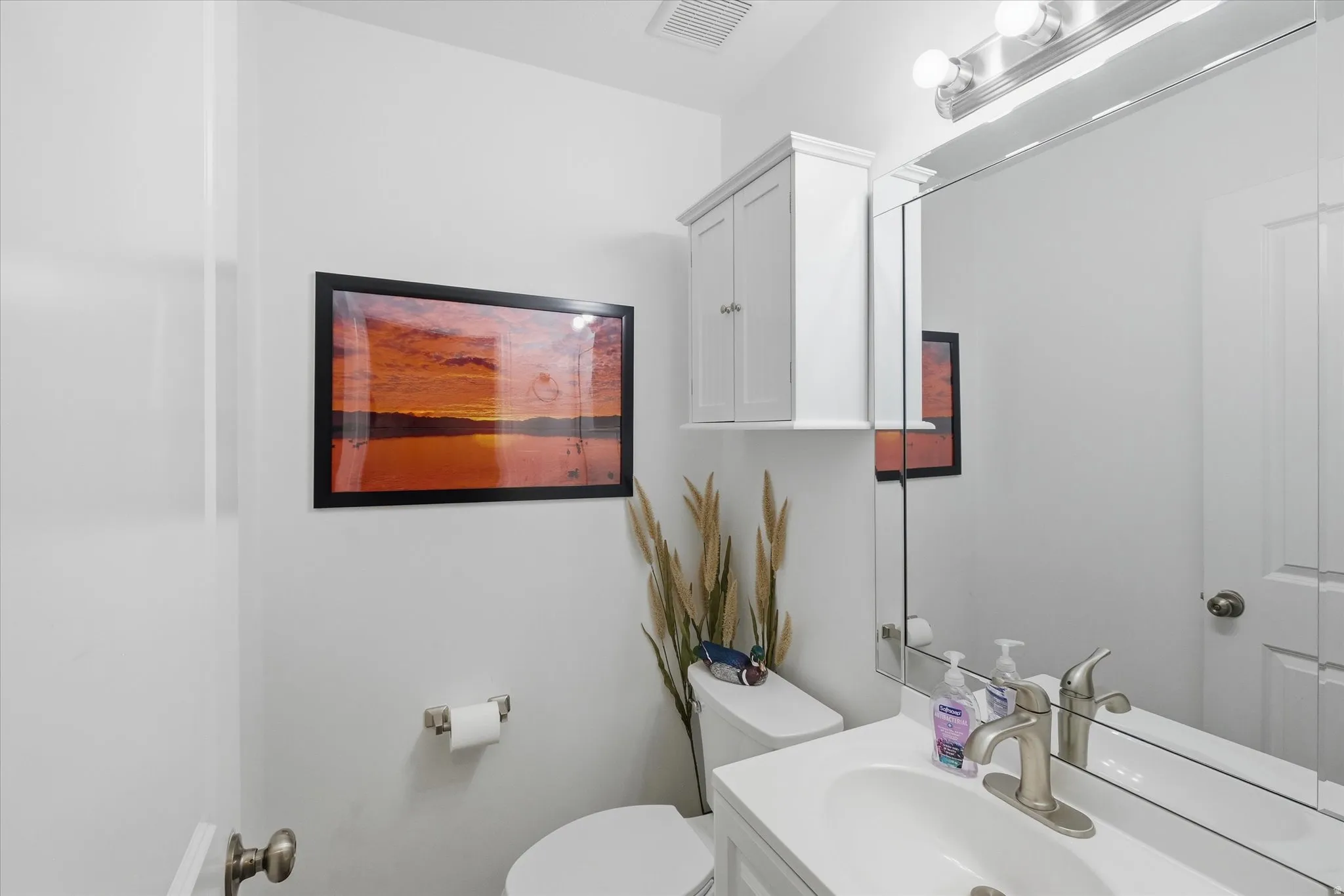 Powder room with a white single vanity, brushed nickel faucet, and a large wall-mounted mirror