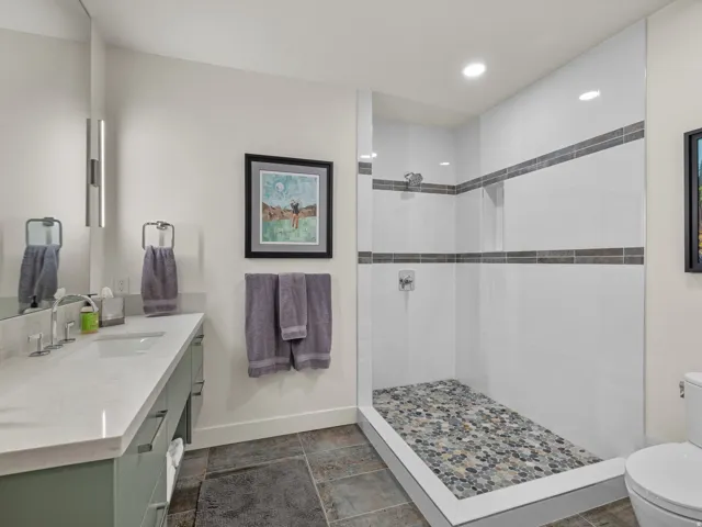 Contemporary bathroom with an open shower.