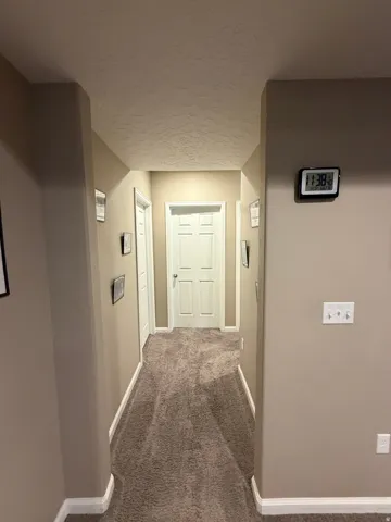 Interior hallway featuring neutral wall paint, white trim, and textured carpeting