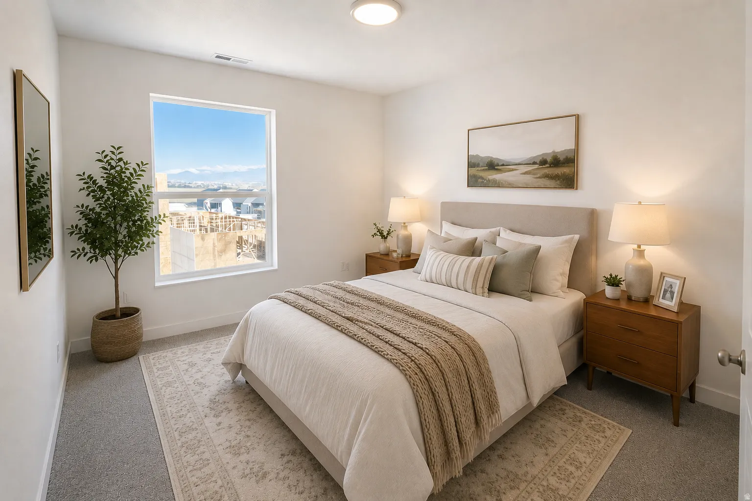 Spacious bedroom featuring a large window, neutral wall paint, and gray carpet