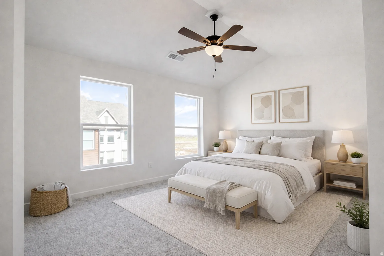 Vaulted ceiling with an integrated ceiling fan and light fixture