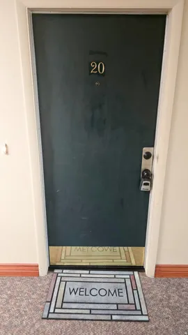 Dark-finish entry door with brass-tone numbering and a contemporary door handle with a deadbolt