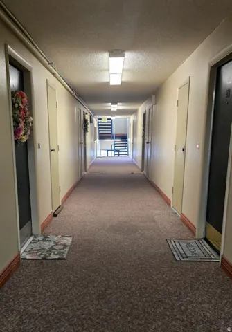 Carpeted hallway featuring multiple entry doors and overhead lighting