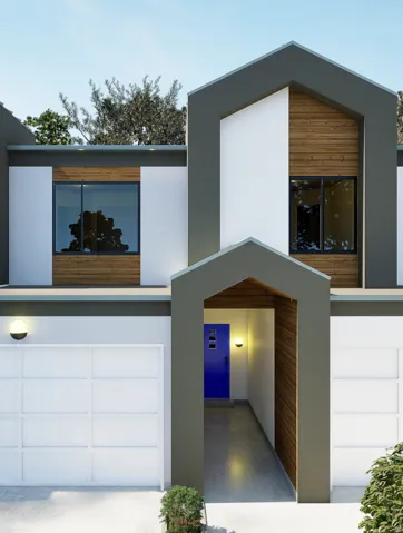 Scandinavian Modern facade featuring a bright blue entry door, 8' tall garage door, and real cedar accent panels