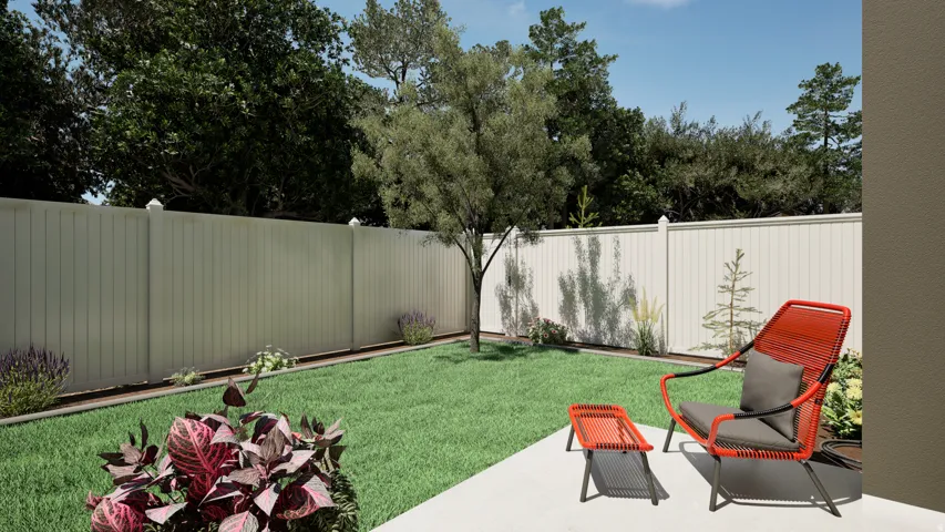 Fully fenced rear yard.  Idea concept only.  Buyer designs and installs their own landscape or have our landscape company do it for you.