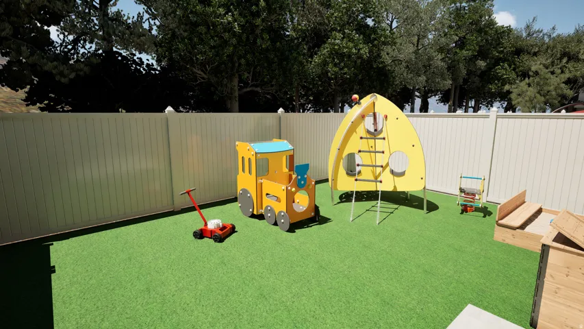 Fully fenced rear yard.  Idea concept only.  Buyer designs and installs their own landscape or have our landscape company do it for you.