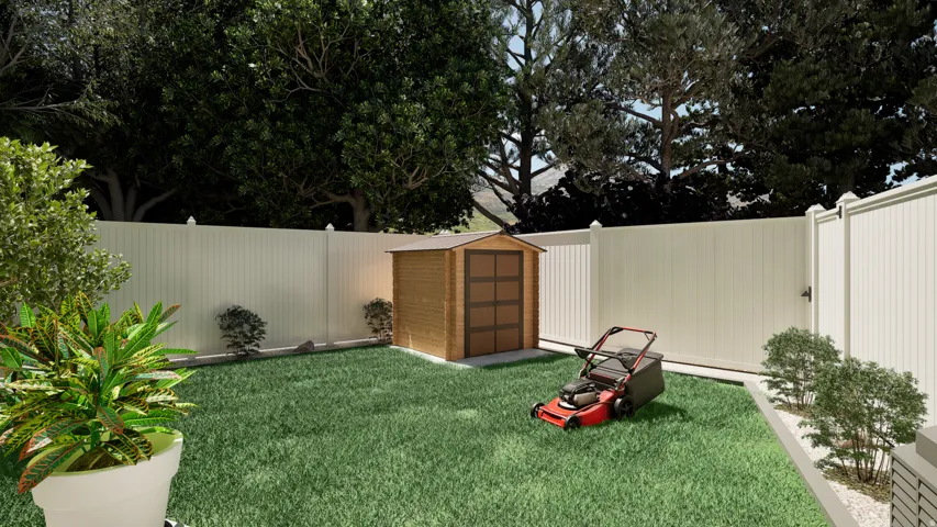 Fully fenced rear yard included.  Idea concept only.  Buyer designs and installs their own landscape or have our landscape company do it for you.