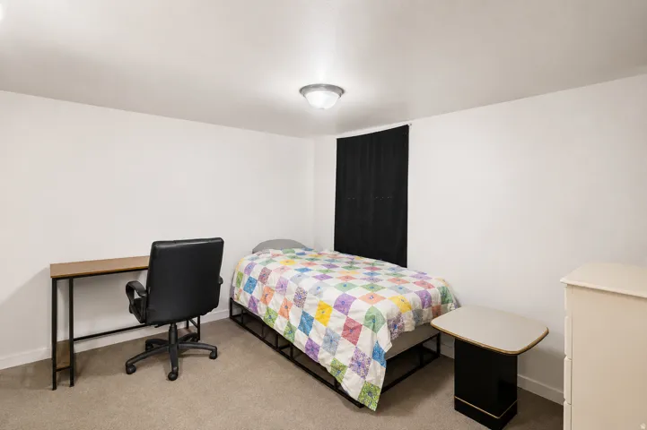 Room featuring light neutral wall paint, a ceiling-mounted light fixture, and carpeting