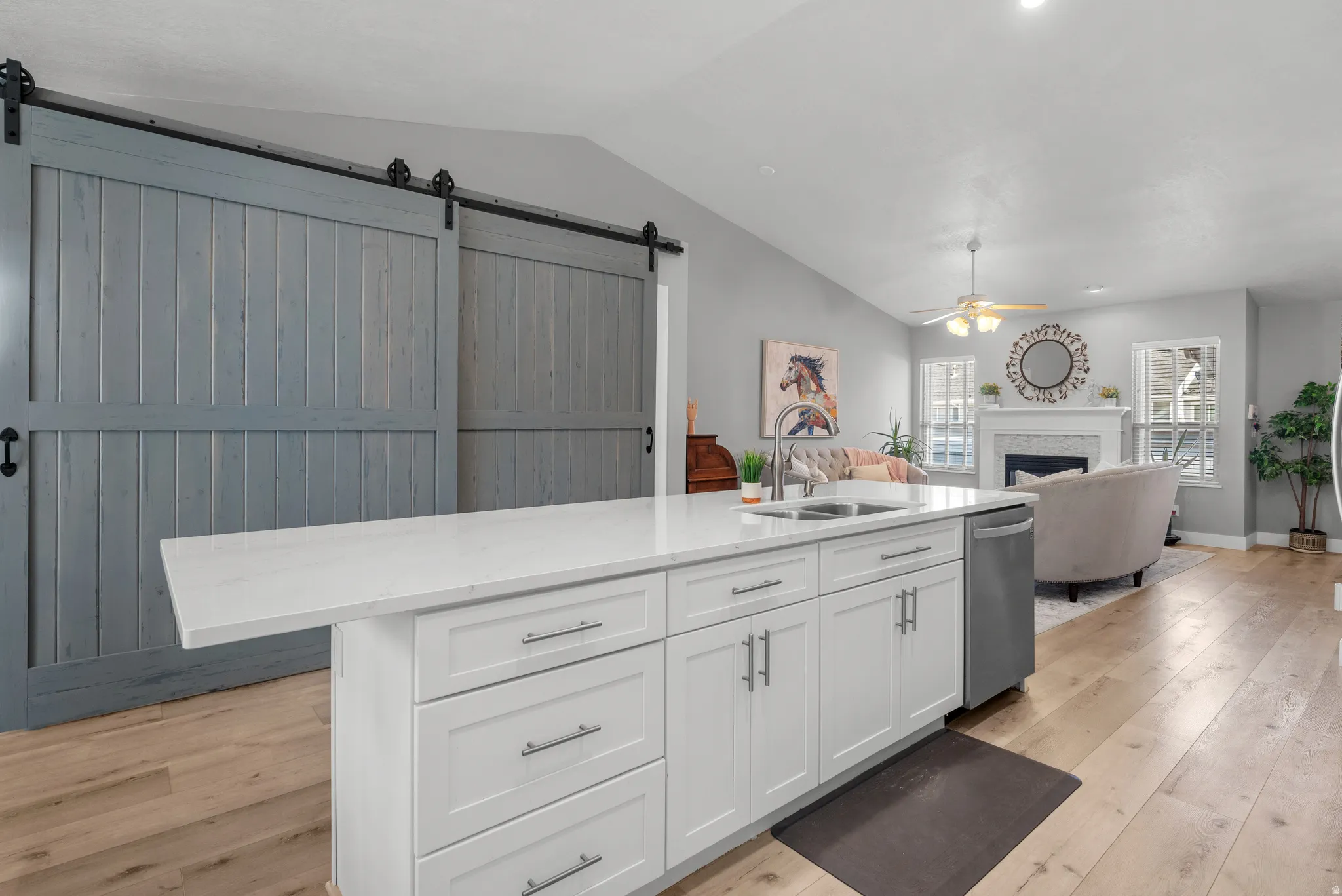 Kitchen island.  Oversize barn doors hide the pantry and Washer/ Dryer