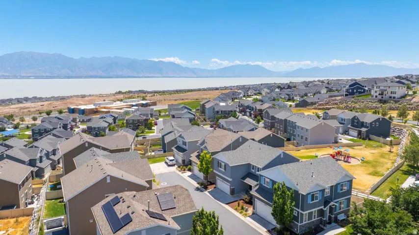 Aerial perspective showcasing a residential community with varied home designs