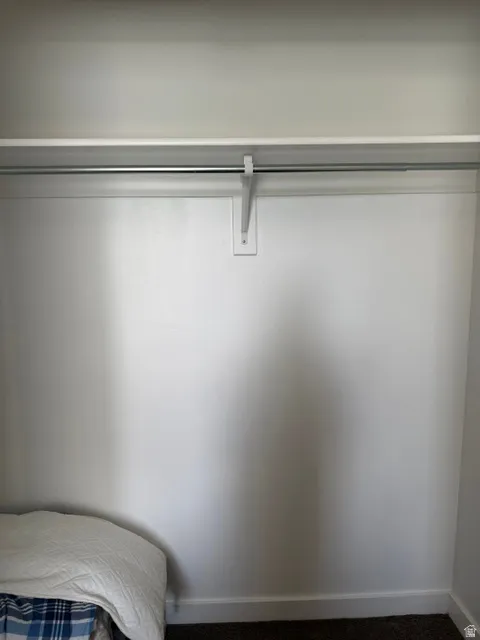 White shelving unit and metal hanging rod within a closet space
