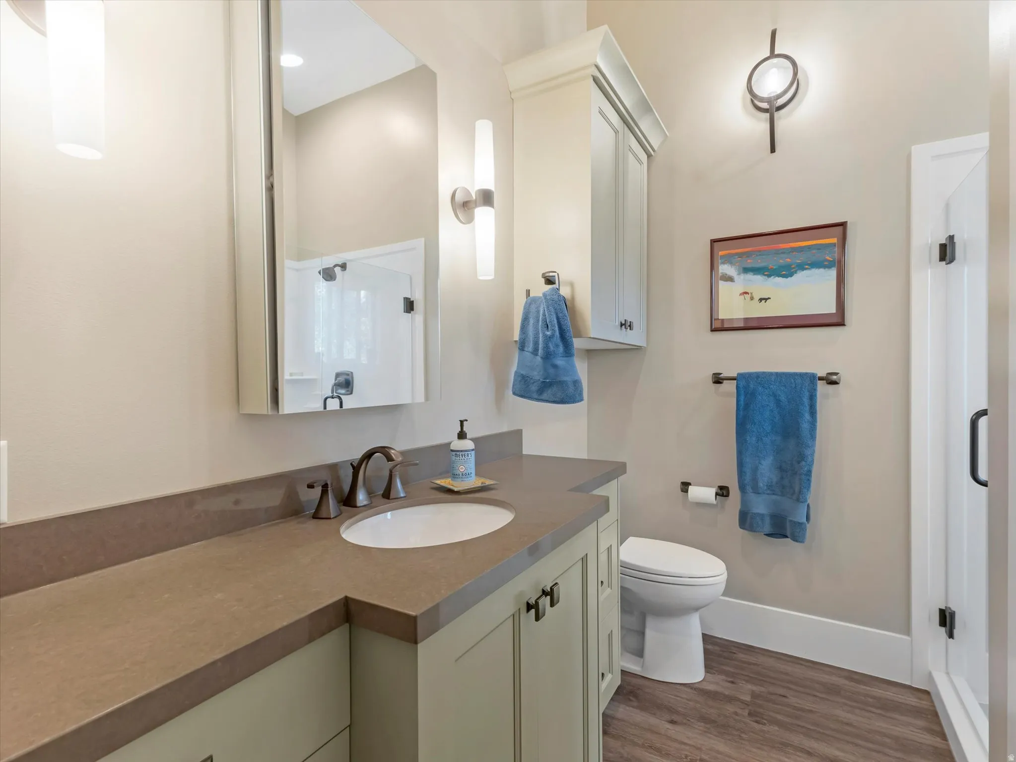 Bathroom with dark wood-style floors, vanity, and an enclosed shower