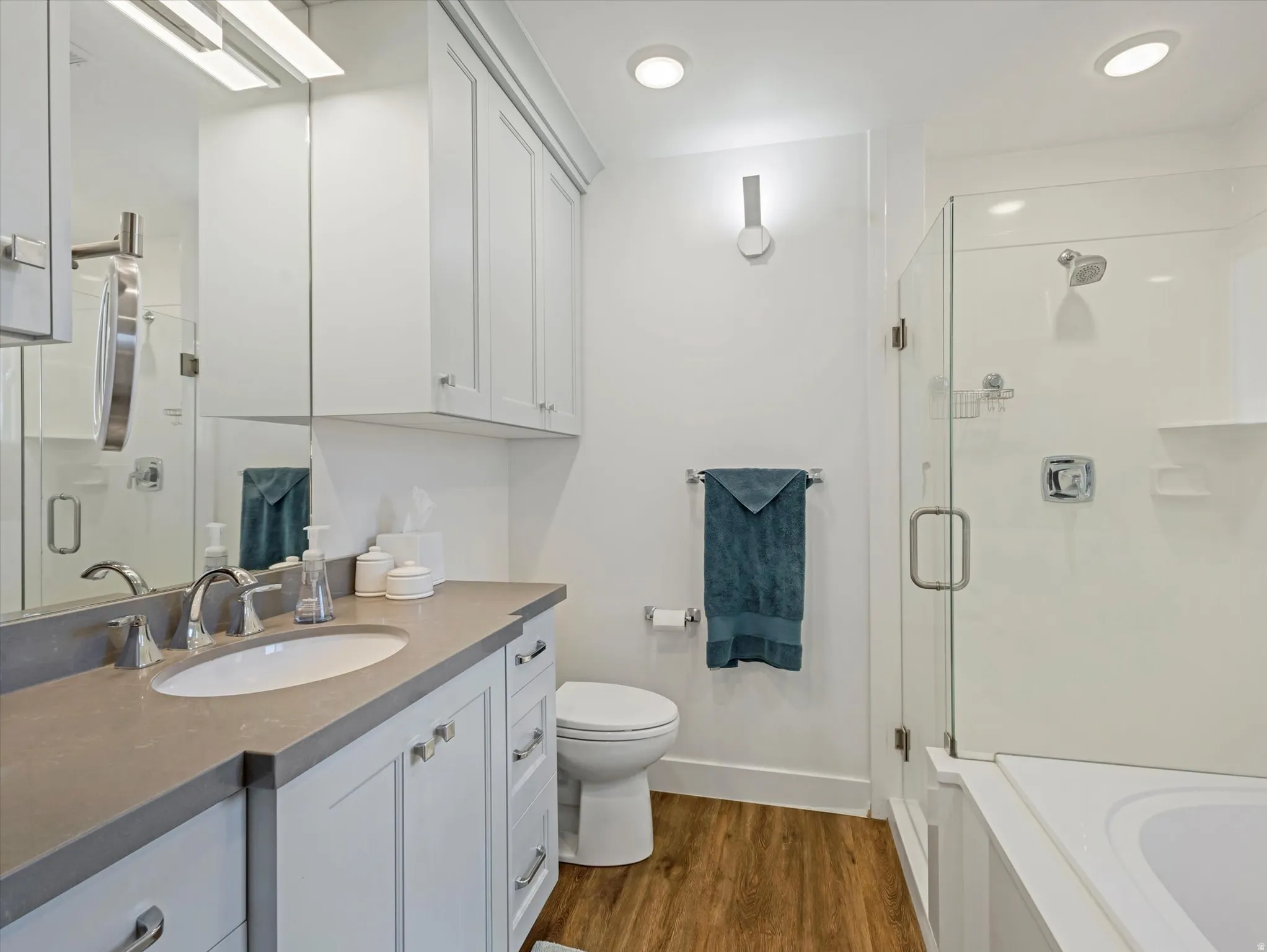 Bathroom featuring dark wood-style floors, vanity, a shower stall, and a tub