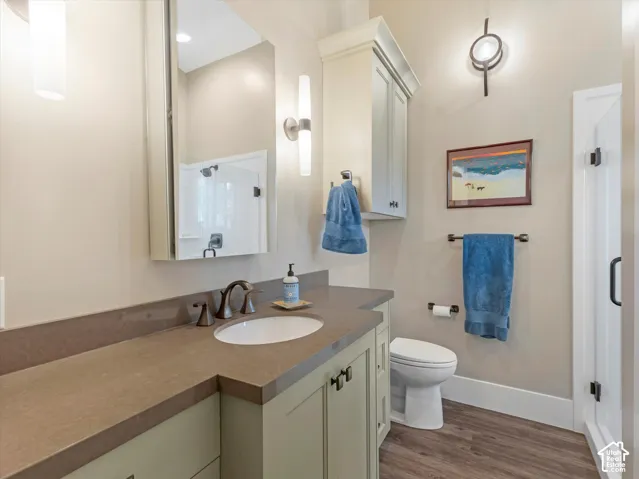 Bathroom with dark wood-style floors, vanity, and an enclosed shower