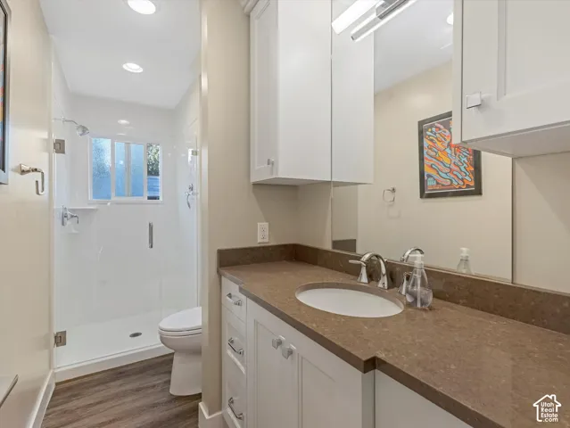 Full bathroom featuring a stall shower, vanity, dark wood-style flooring, and recessed lighting