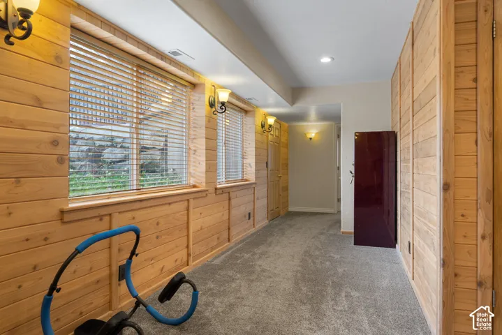 Basement Hall with wood paneled walls