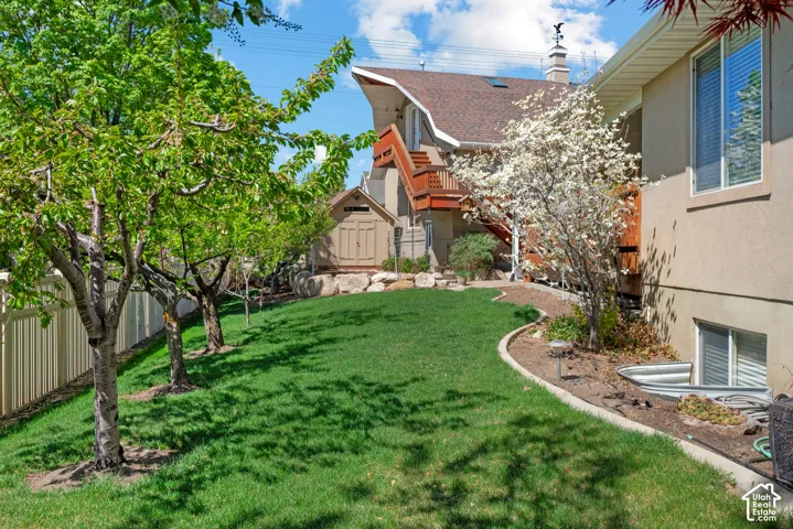 Backyard with mature fruit trees