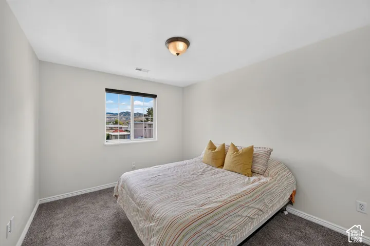 Bright room featuring a window with a mountain backdrop, neutral wall tones, textured carpet, and a ceiling-mounted light fixture
