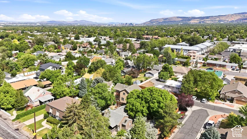 Expansive neighborhood setting featuring a diverse mix of residential structures, mature tree canopy, varied rooflines, and distant mountain ranges