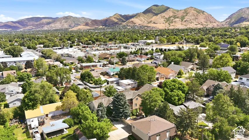 Residential area featuring a mix of mature trees and varied architectural styles, set against a backdrop of distant mountains