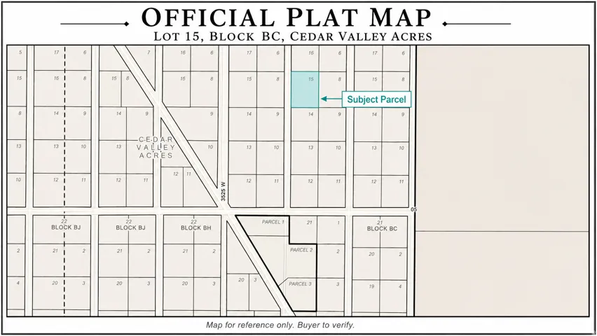 Official Plat Map. Illustrating lot divisions and the identified subject parcel within Cedar Valley Acres