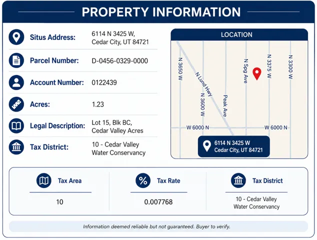 Property Information Summary. Detailing situs address, parcel number, account number, acreage, legal description, tax district, tax area, and tax rate for the property