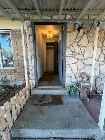 Stone-clad entryway with a concrete landing