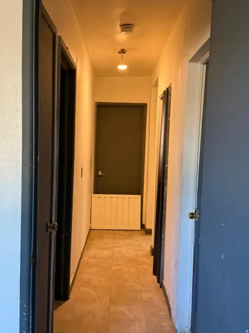 Hallway with wood-finish flooring, overhead lighting, and multiple paneled doors