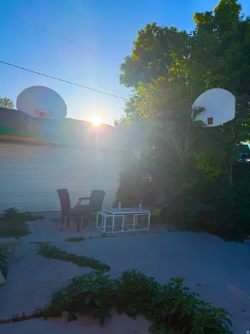 Rear concrete patio area with established perimeter plantings, featuring two attached basketball backboards and a garage with a roll-up door