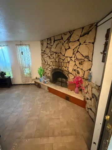 Stone-clad fireplace with an arched firebox