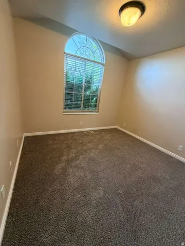 Arched window with decorative grilles and blinds