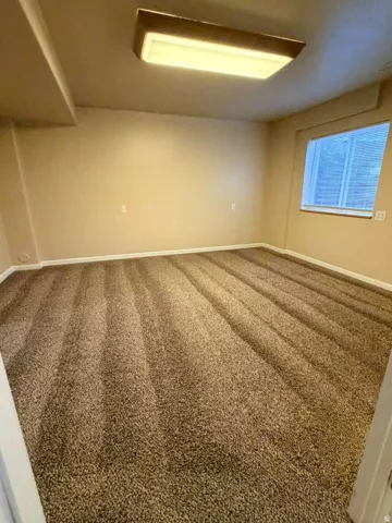 Spacious room featuring neutral carpeting, light beige wall paint, a single window with horizontal blinds, a ceiling-mounted light fixture, and white trim