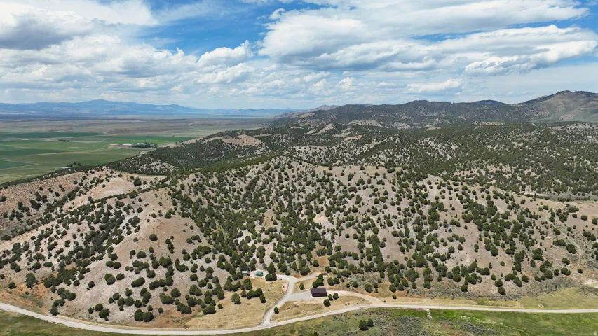 Expansive mountainous terrain featuring scattered evergreens and a central structure with a brown roof