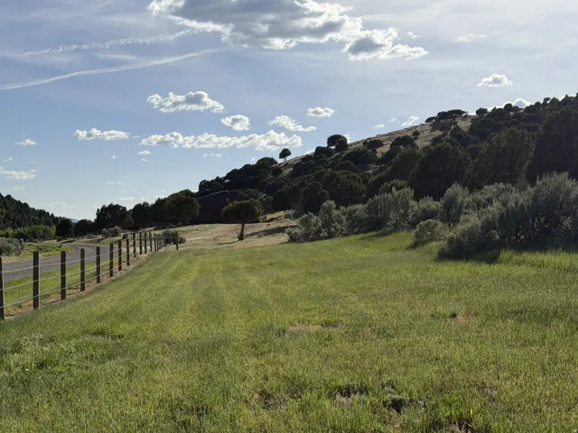Expansive grassy terrain featuring a wire and wood post fence line