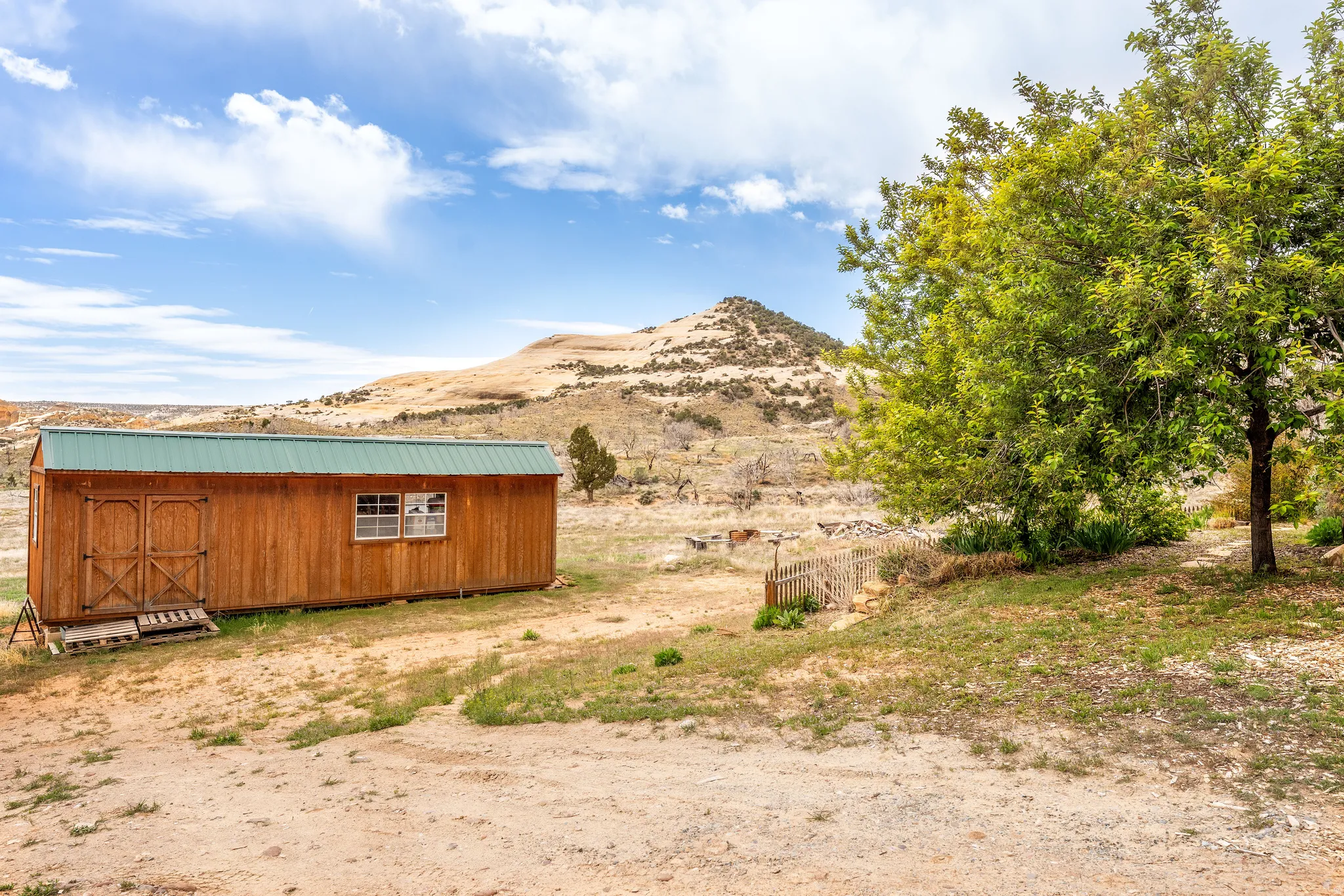 Wood-sided outbuilding with a green metal roof and two windows