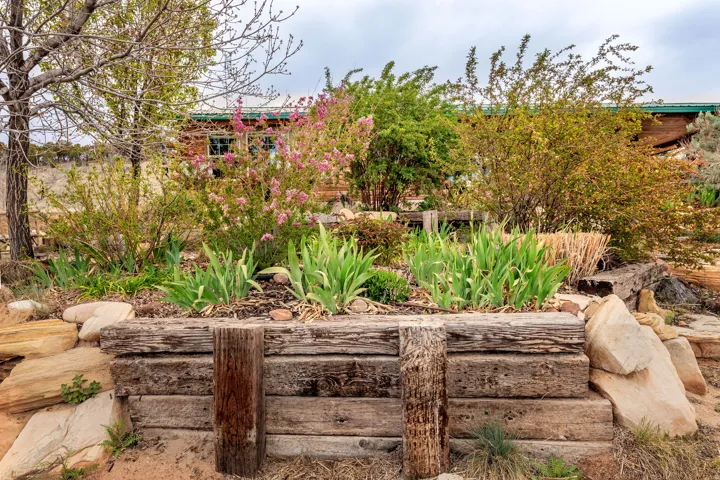 Landscaped garden bed featuring a timber retaining wall, established plantings, and decorative rockwork