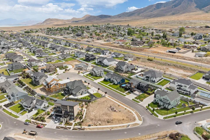 Expansive aerial perspective showcasing a residential development with diverse architectural styles